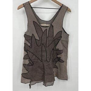 Cynthia Ashby Linen Tank Top Women XS Gray Asymmetrical Leaf Print Bohemian